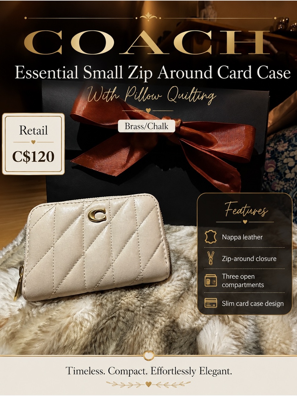 Coach Essential Pillow Quilted Zip Card Case Chalk